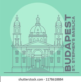 St Stephen's Basilica in Hungary capital icon. Vector art illustration design. Roman Catholic basilica famous architectural landmark. Historical Stephen, king of Hungary largest church