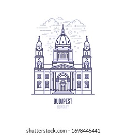 St. Stephen's Basilica - an iconic landmark of Budapest, capitol city of Hungary. Roman catholic church cathedral building in the neoclassical style.  City sight vector icon in simple linear style