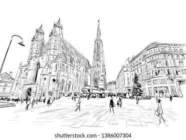 St. Stephen's Cathedral. Vienna, Austria. Hand drawn sketch vector illustration.