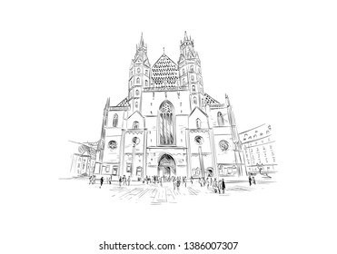 St. Stephen's Cathedral. Vienna, Austria. Hand drawn sketch vector illustration.