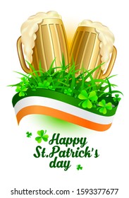 St. Patriсk symbol. Beer mugs, grass, clover leaves and three colored banner. Text block under