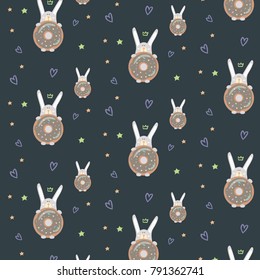 St Valentinas day pattern with cute gray rabbit bunny with orange donut and green crown and blue heart green star on blue background
