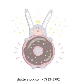 St Valentinas day postcard with cute gray rabbit with pink donut and yellow stars and yellow crown