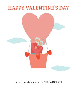 St Valentine Card Old Couple Traveling By Hot Air Baloon Flat Vector Illustration