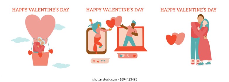 St Valentine Cards Set Long Distance Relationships Of An Interracial Couple Young Couple Dance Together Through Video Call Hugging Couple Old Couple Traveling By Hot Air Baloon