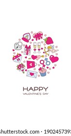 St. Valentine day background. Romantic backdrop decorated with Valentine's day symbols such as hearts, rings, flowers and cupids. Editable templates for social networks and stories. Vector 10 EPS.