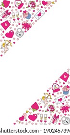 St. Valentine day background. Romantic backdrop decorated with Valentine's day symbols such as hearts, rings, flowers and cupids. Editable templates for social networks and stories. Vector 10 EPS.