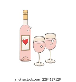 St Valentine Day bottle of sparkling wine champagne and two glasses vector illustration isolated on white. Love fizzy spirit for romantic evening print for 14 February holiday.