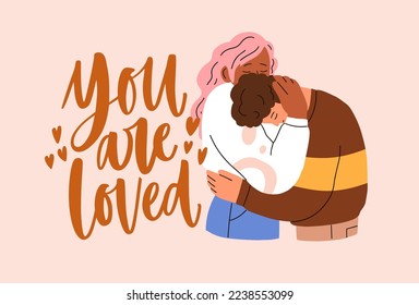 St. Valentine day card with love couple and romantic quote. Postcard background, template with phrase, biracial man and woman hugging together on 14 February holiday. Flat vector illustration