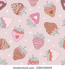 St Valentine Day chocolate dipped Strawberry vector seamless pattern. Love Berry Valentine Sweets background. Pastel colours dessert surface design for 14 February holiday.