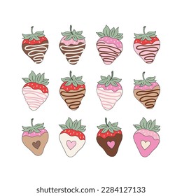 St Valentine Day chocolate dipped Strawberry vector illustration set isolated on white. Valentine dessert love berry print collection for 14 February holiday.