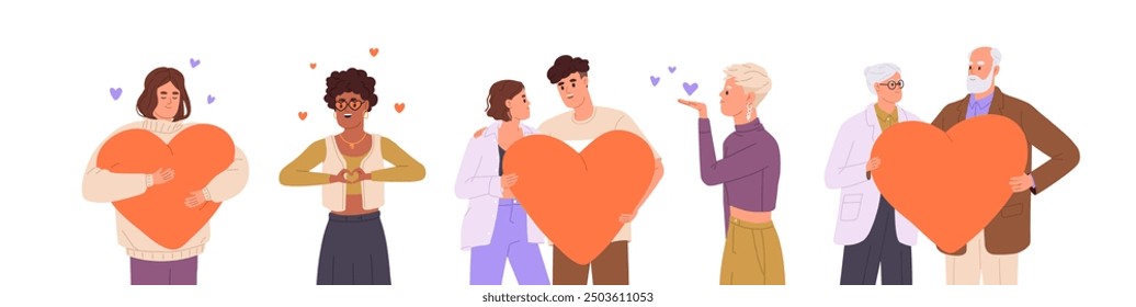 St. Valentine day concept. People love, share romantic feelings, send air kiss. Self acceptance, relationships. Couples hold heart in hands. Flat isolated vector illustrations on white background