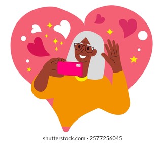 St. Valentine day concept. Positive African Grandmother with mobile phone surrounded with love. Flat vector illustration