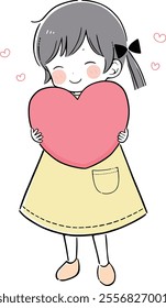 St. Valentine day concept. Self acceptance, relationships. Little girl hold heart in hands. Flat isolated vector illustrations on white background.