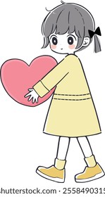 St. Valentine day concept. Self acceptance, relationships. Little girl hold heart in hands. Flat isolated vector illustrations on white background.