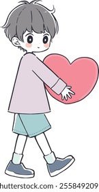 St. Valentine day concept. Self acceptance, relationships. Little boy hold heart in hands. Flat isolated vector illustrations on white background.