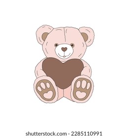 St Valentine Day cute vintage soft bear toy gift vector illustration isolated on white. Pastel colours romantic stuffed animal plaything print for 14 February holiday.