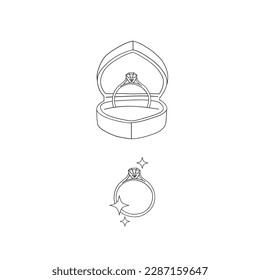 St Valentine Day engagement wedding diamond ring vector illustration isolated on white. Linear colouring page jewellery in heart shape gift box print for 14 February holiday.