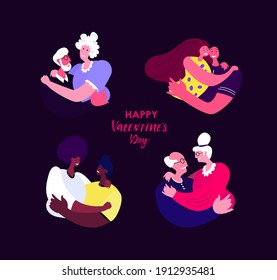St Valentine Day Greeting Card.Young,African and Elderly Retired Couples Celebrate Holiday. Men Hugging Women,Girlfriends for St Valentine's Day. Loving Romantic People Love Story. Vector Illustration