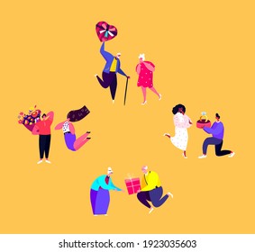 St Valentine Day Greeting Card.Young,Elderly Couples Celebrate Holiday.Men give a Bouquets of Flowers,Gifts to Women,Girlfriends for St Valentine's Day.Loving Romantic People. Flat Vector Illustration