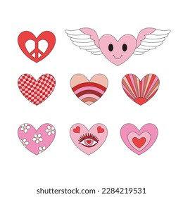  St Valentine Day groovy hippie hearts set vector illustration set isolated on white. Red pink holiday romantic decor print collection for 14 February.
