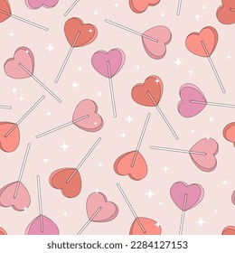 St Valentine Day Heart shaped Lollipop vector seamless pattern. Sweet Valentine Candy background. Pastel red pink colours love sweets and treats surface design for 14 February holiday.