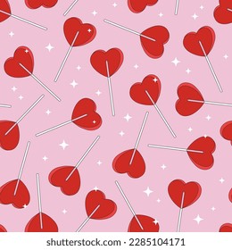 St Valentine Day Heart shaped Lollipop vector seamless pattern. Sweet Valentine Candy background. Red pink aesthetics love sweets and treats surface design for 14 February holiday.