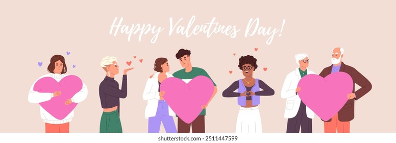 St. Valentine day horizontal banner. Romantic couples share affection, feelings. Happy girls give gifts, air kiss, hug heart. Celebration, congratulation with 14 February. Flat vector illustration