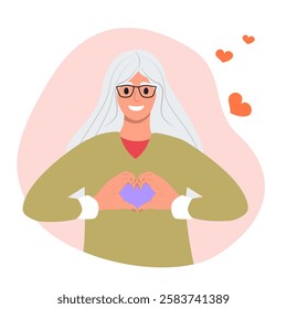 St. Valentine day concept. Modern old senior woman making LOVE HEART sign. People love, share romantic feelings. Vector illustration flat style.