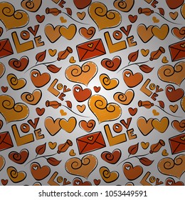 St Valentine day pattern with hand drawn hearts, flower and love text in orange, yellow and white colors. Design for Valentines day greeting love card. Vector hearts and love seamless pattern.