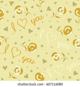 St Valentine day pattern with hand drawn hearts, flower and love text in beige and yellow colors. Design for Valentines day greeting love card. Vector hearts and love seamless pattern.