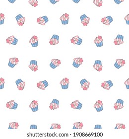 St. Valentine Day pattern. The seamless background of creamy cupcakes decorated with hearts on a white background. Vector 10 EPS