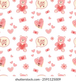 St Valentine day pattern with teddy bear. Vector illustration in flat style.