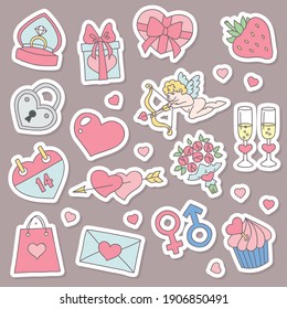 St. Valentine day stickers. Set of illustrations of Valentine's day symbols such as heart, ring, flowers and cupid. Vector 10 EPS.