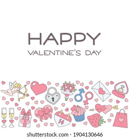 St. Valentine day template. Romantic backdrop decorated with Valentine's day symbols such as hearts, rings, flowers and cupids. Vector 10 EPS.