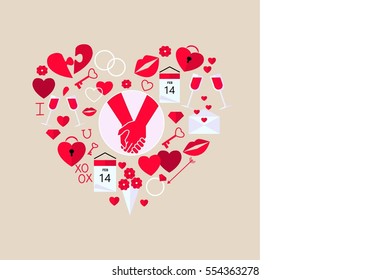 St. Valentine flat icons set arranged in a heart shape