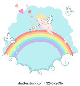 St. Valentine greeting card. Cheerful cherub shooting at pigeons in the sky