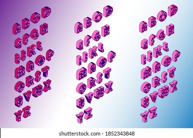 St. Valentine heart pink alphabet. Font isometric set 3d vector illustration.  Letters and 3d alphabet, font, St. Valentine alphabet, abc, lettering illustration.