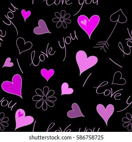 St Valentine over a black background of hand drawn hearts, I love you text and flower in pink and violet colors. Design for Valentines day greeting love card. Vector hearts and love seamless pattern.