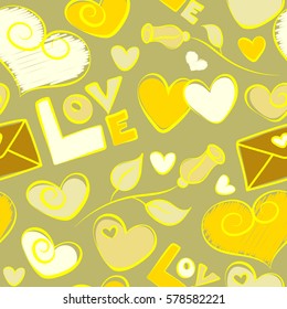 St Valentine over a green background of hand drawn hearts and love text. Design for Valentines day greeting love card. Vector hearts, rose flower and love seamless pattern.