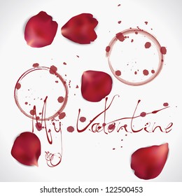 St Valentine romantic card with realistic vector rose petals and wine stamps