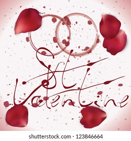 St Valentine romantic card with realistic vector rose petals and wine stamps