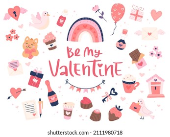 St. Valentine s Day collection of cute elements with lettering. Hearts and sweets. Isolated a white background. Hand drawn vector illustration