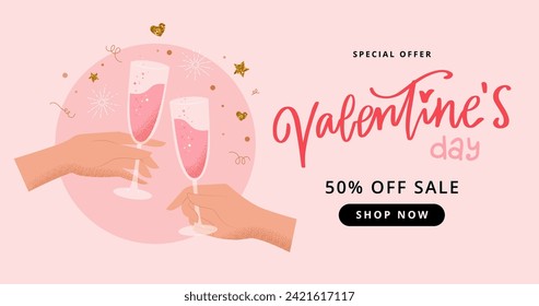 St. Valentine s day sale banner, hands with champagne glasses toast, Vector illustration in simple modern style