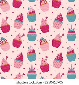 St. Valentine s Day seamless pattern with ice cream, cupcakes, hearts and strawberry on light pink background. Perfect for gift paper, greeting cards, wallpaper. Vector hand drawn illustration.