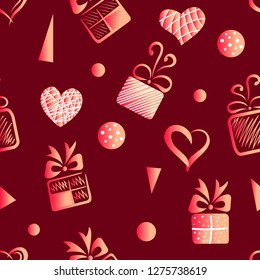 St. Valentine, a set of elements of heart, gift, bow, balloons. Seamless background. Vector illustration.