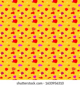 St. Valentine, Vector, Seamless Pattern of Stylized Hearts and Waves, In A Romantic Style, In Pink and Yellow Colors. Background for Textile and Other Design Solutions