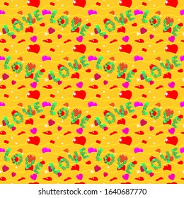 St. Valentine, Vector, Seamless Pattern and The Inscription Love from Stylized Hearts and Waves, In A Romantic Style, In Yellow Colors.  