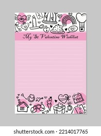 St Valentine vector wish list. Doodle romantic gift template. 14 february present planner. 