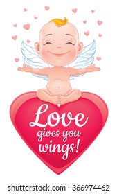 St. Valentine's card. Vector illustration with happy baby cupid. Isolated on white background. 